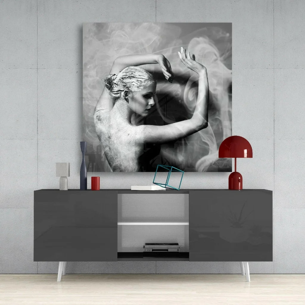 Modern gray sideboard with white accents and red lampshade wall art