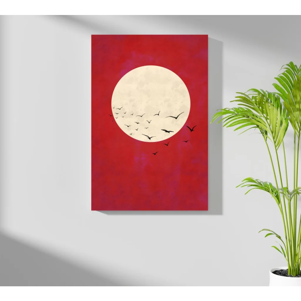 Red moon birds flight insigne aluminum print with cream moon and flying bird silhouettes