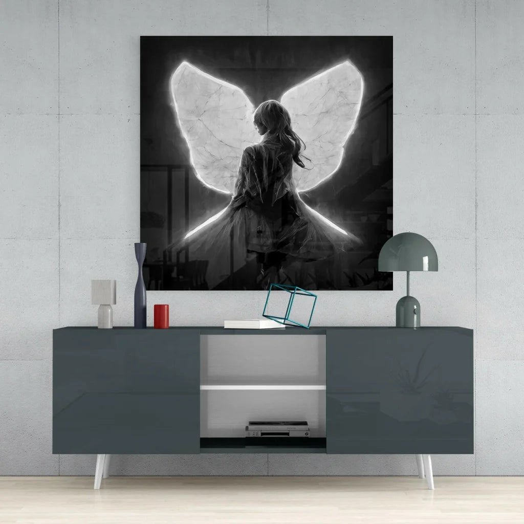 Stunning angel wings glass wall art with glowing marble silhouette