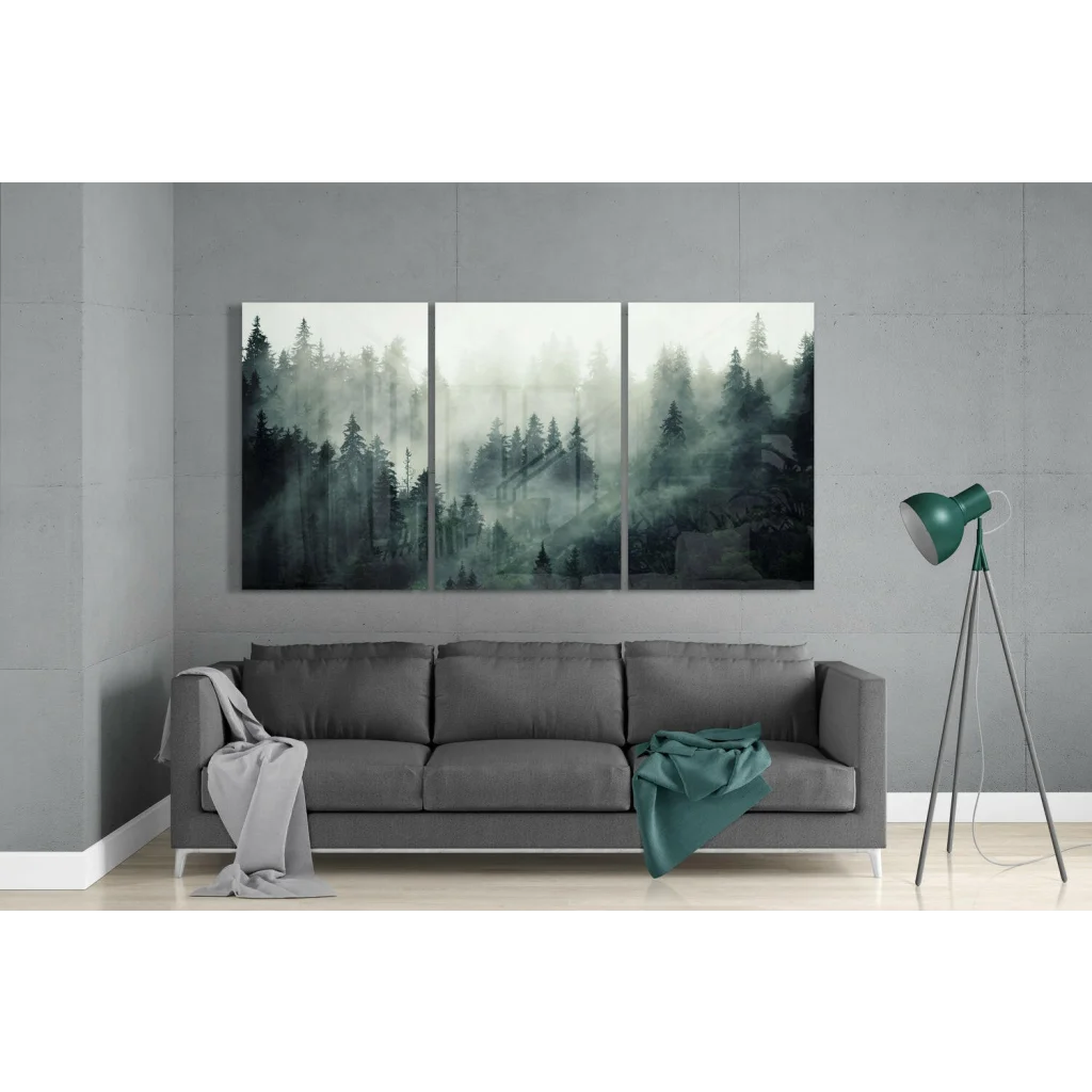 Three-panel misty forest glass wall art in muted greens and grays