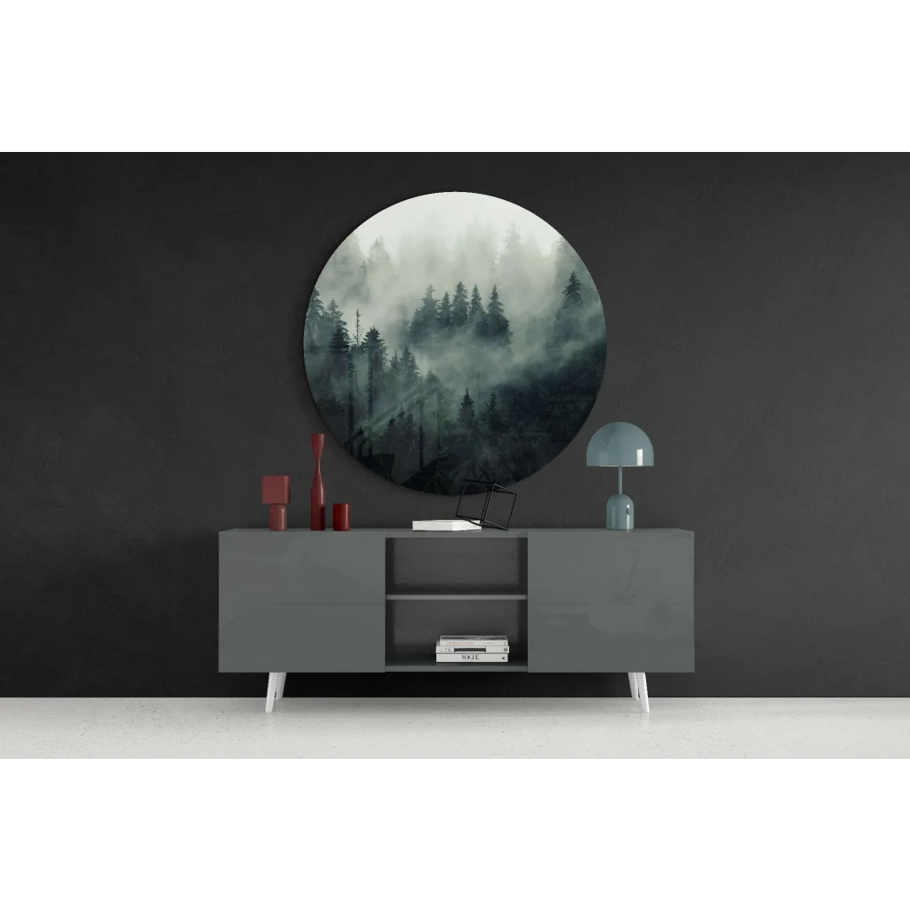 Foggy Forest tempered glass art circle with misty green gray scene