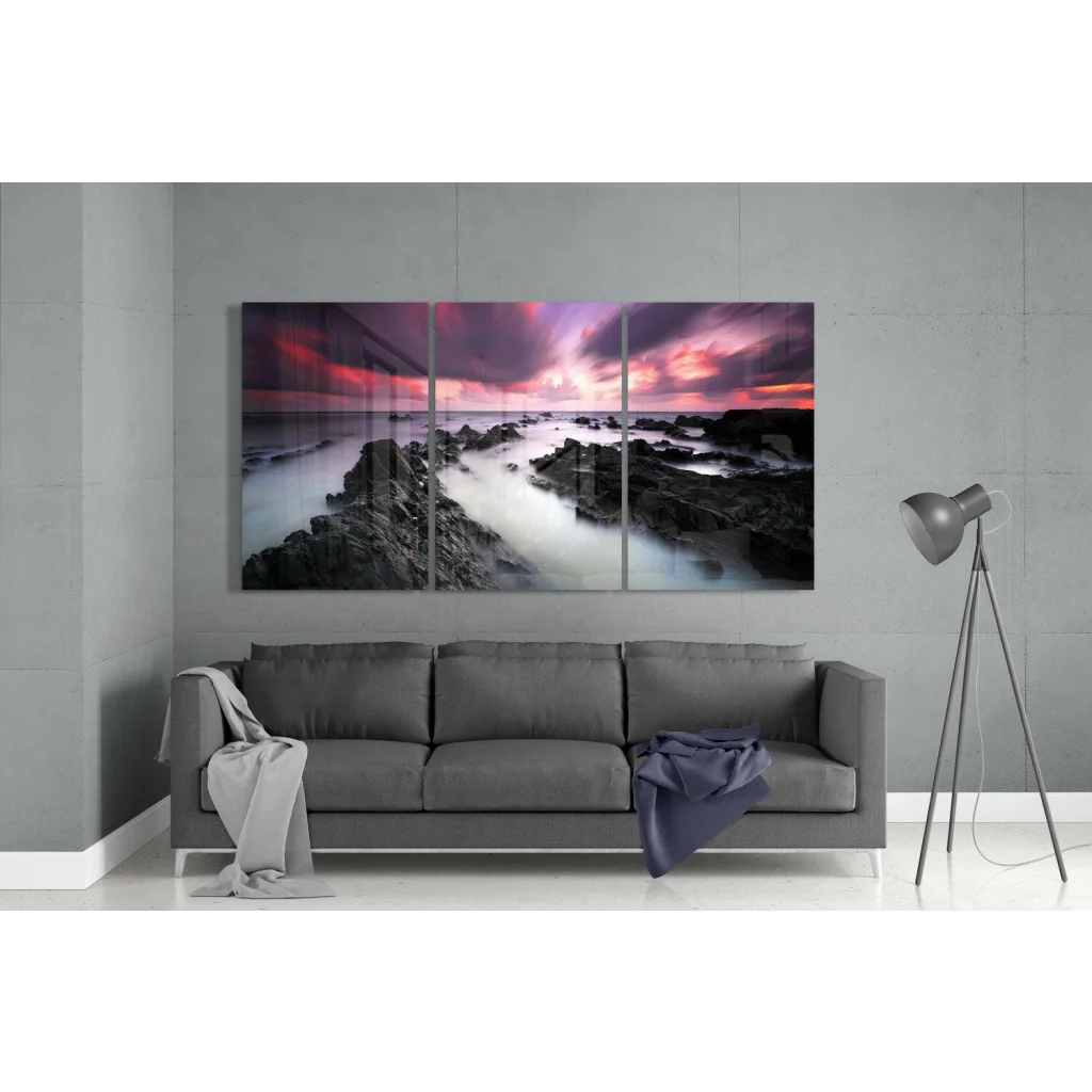 Stunning Coastal Sunset Wall Art in Purple and Pink Swirls | Modern Wall Art Decor | vintageantiquesgifts.com