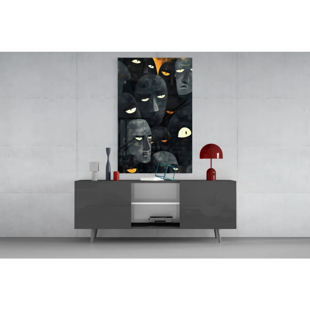 Striking black orange abstract wall art with glowing yellow eyes faces