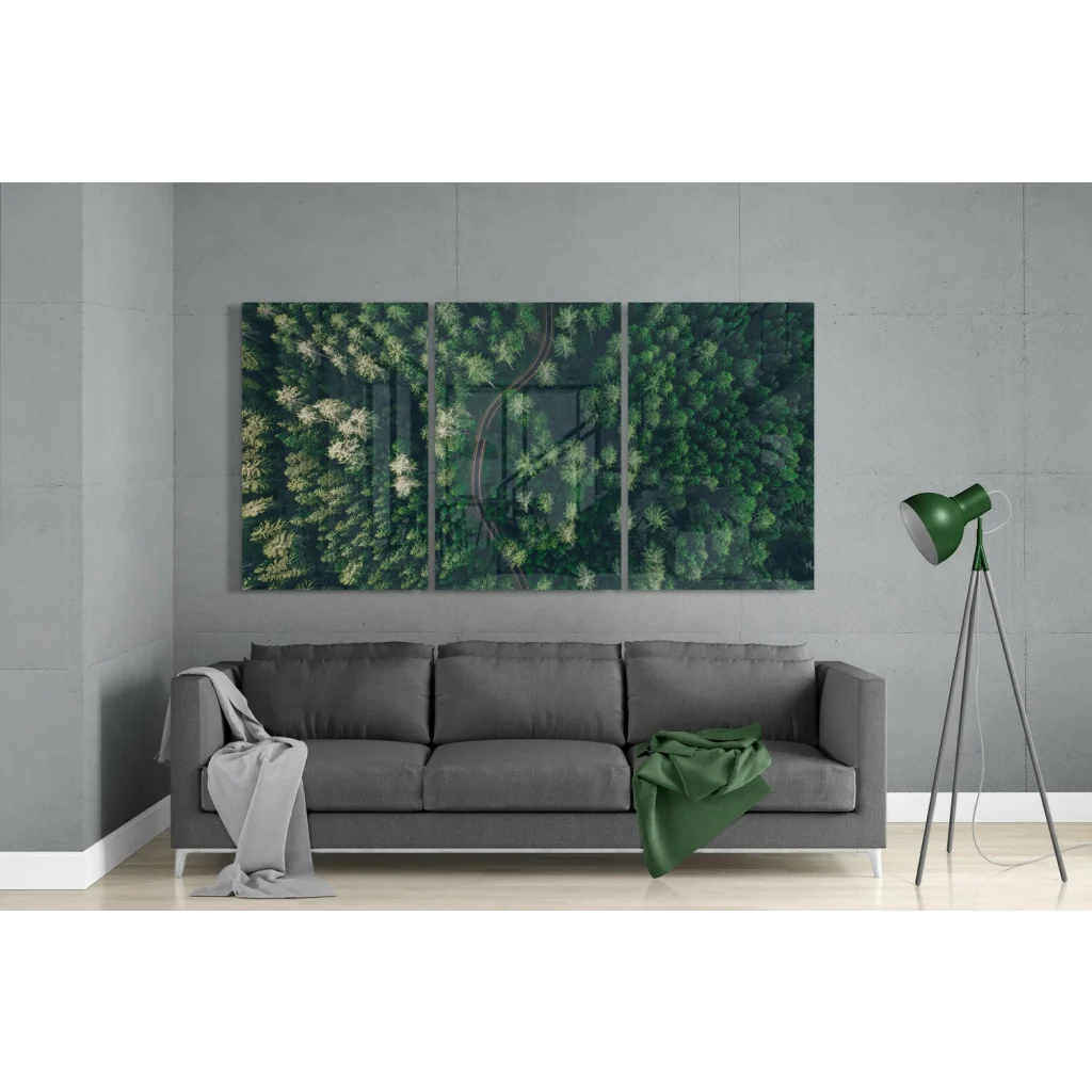 Stunning green forest aerial view wall art three panel canvas