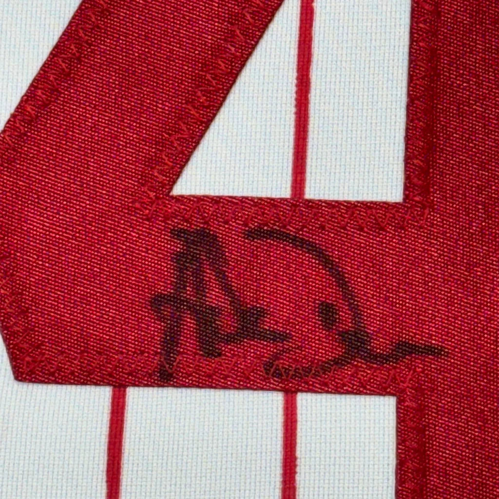 Red and white striped Adam Dunn signed athletic jersey with black signature in frame