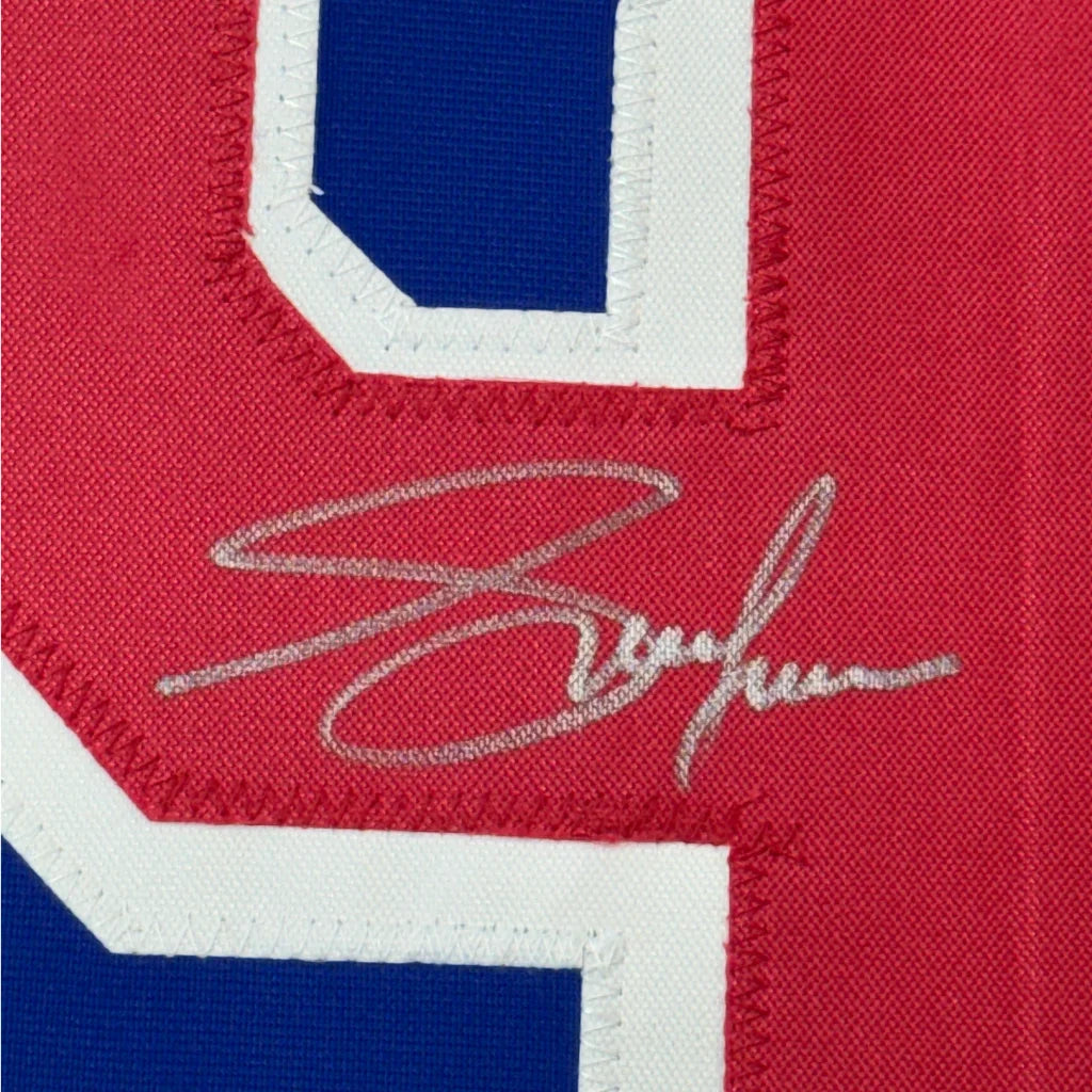 Framed autographed Adam Graves New York Rangers blue hockey jersey number 8 with Beckett BAS COA