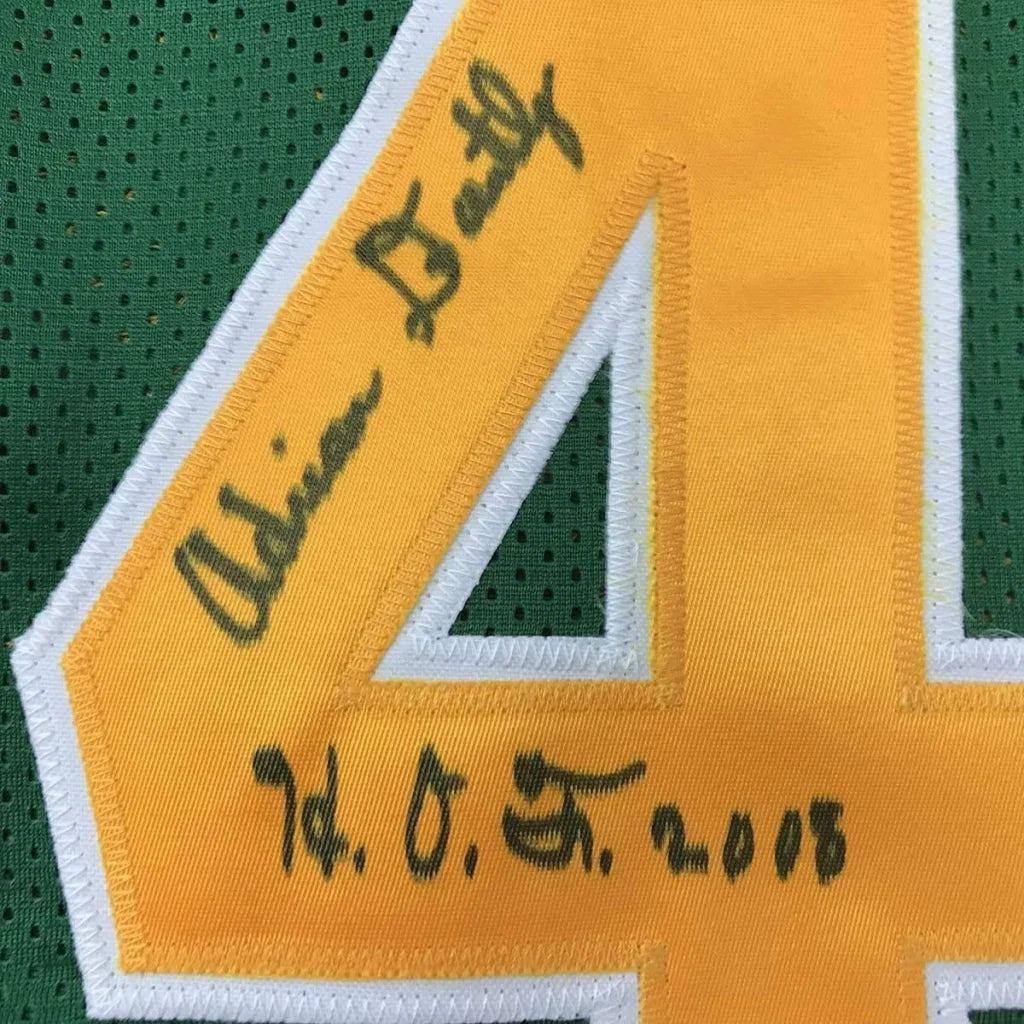 Framed autographed adrian dantley hof 2008 green mesh basketball jersey with yellow and white embroidered number four signed