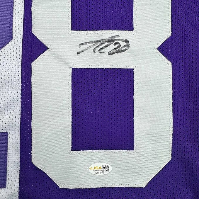 Framed Autographed Adrian Peterson 35x39 Minnesota Split Football Jersey JSA COA | Certified Authentic Signed Memorabilia | vintageantiquesgifts.com