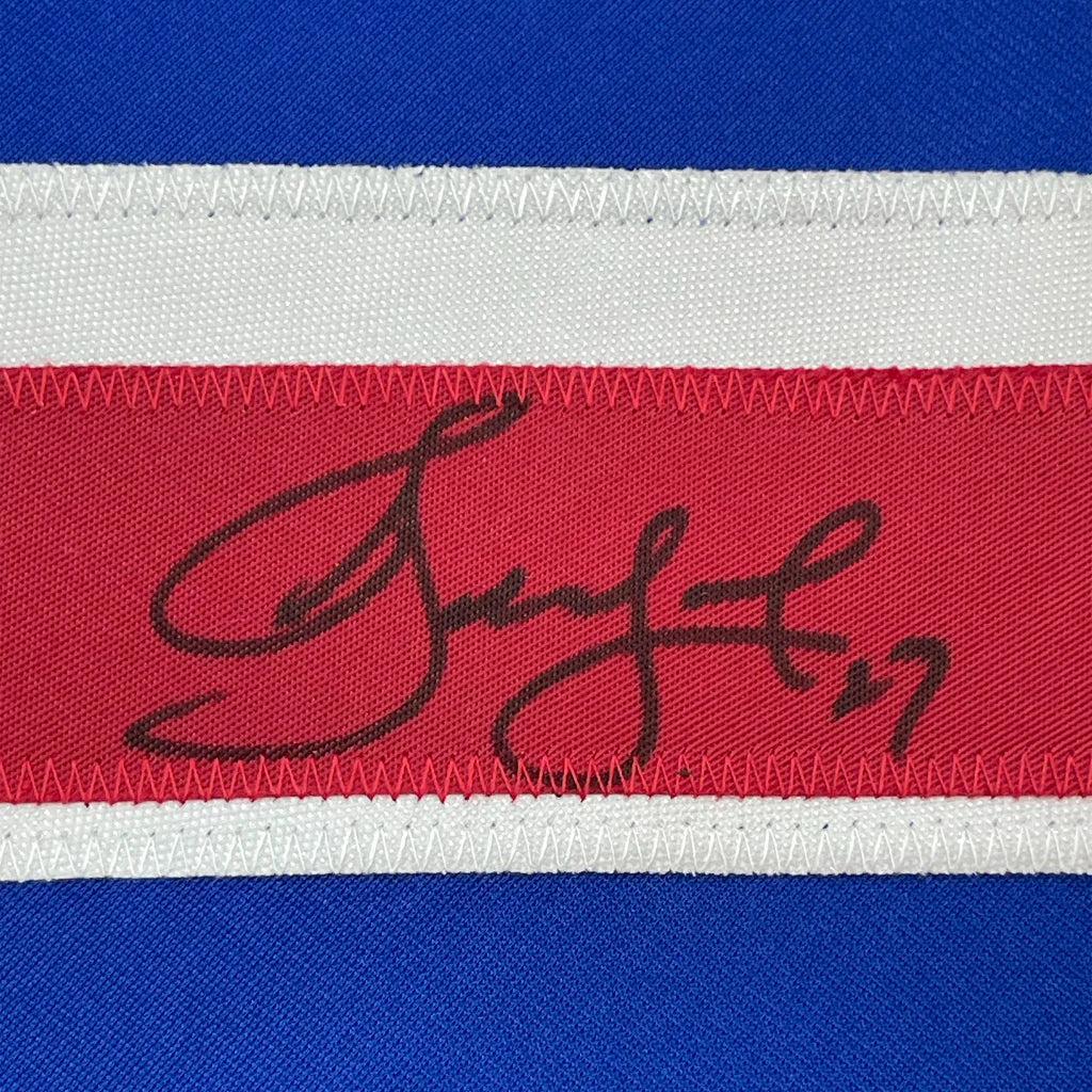 Autographed Red White and Blue Alexei Kovalev Rangers Jersey ready to display