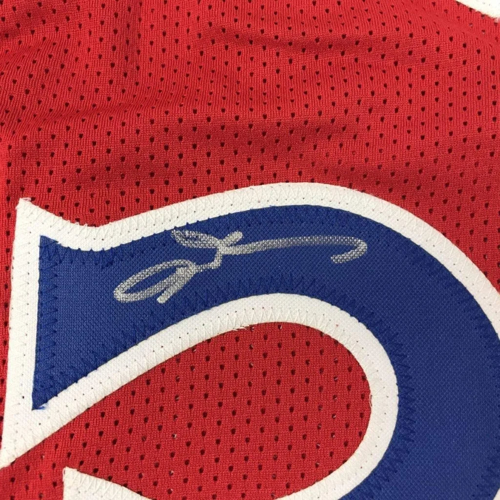 Red mesh Allen Iverson 76ers jersey with blue white number and silver autograph