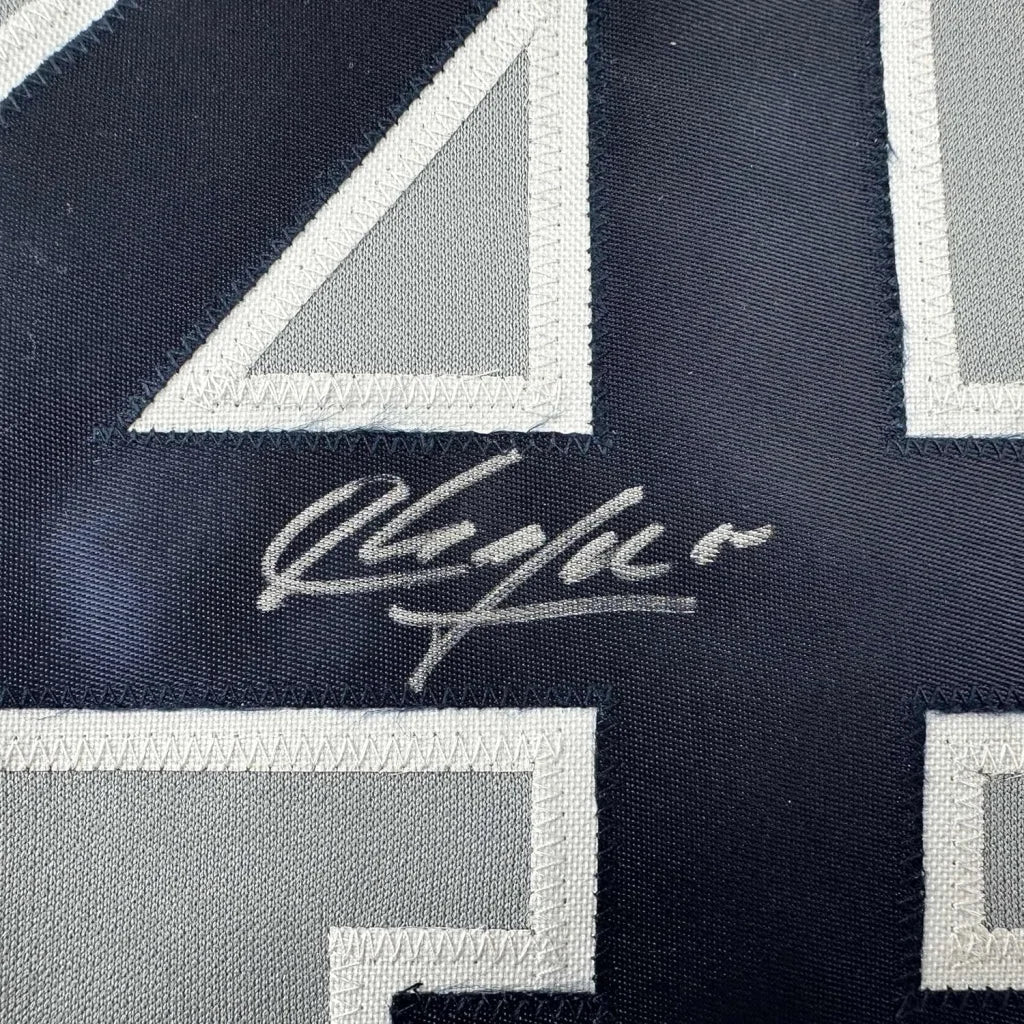 Autographed Baseball Jersey number 44 with player photos in a frame for display