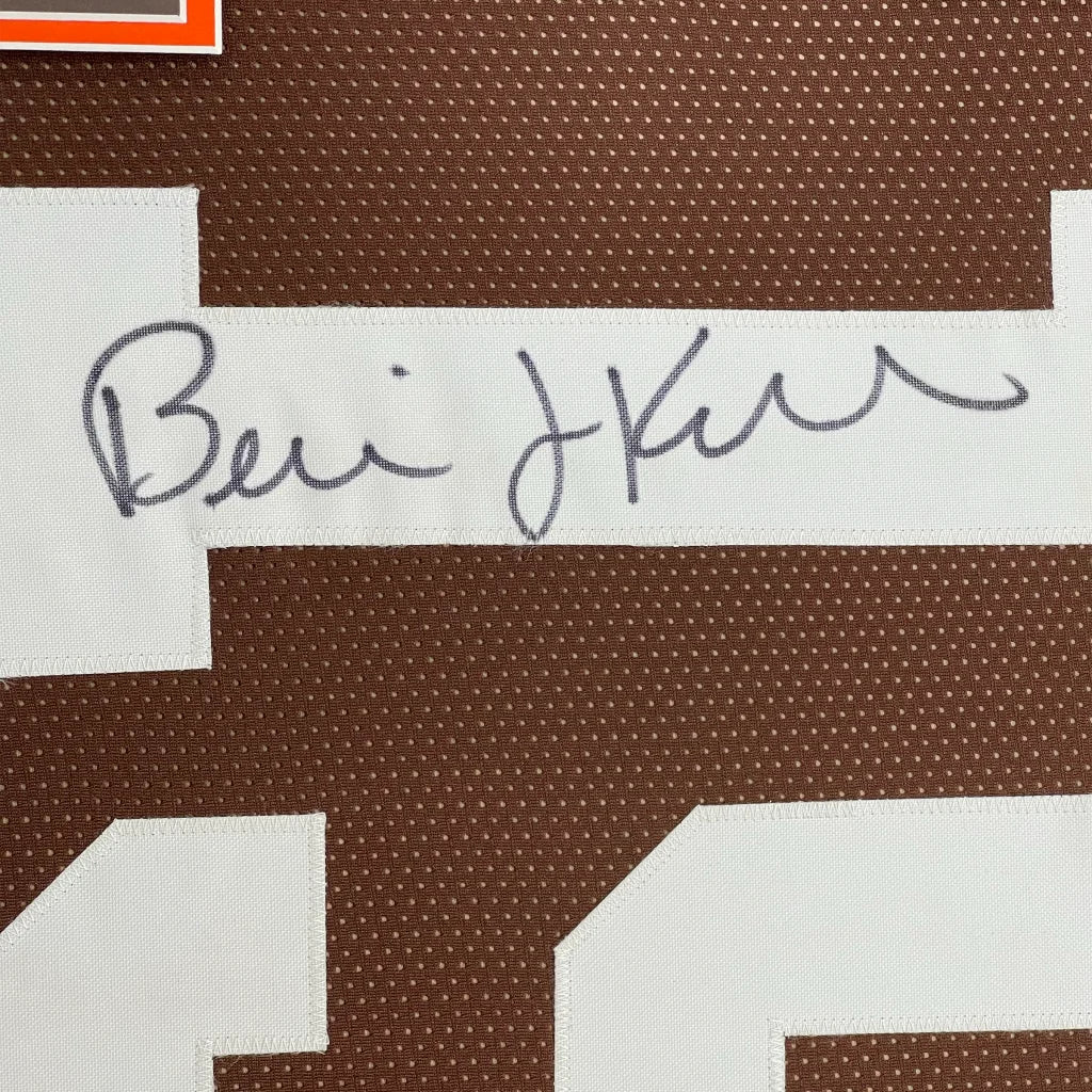 Framed autographed brown and white Cleveland Browns football jersey signed by Ben Roethlisberger with JSA COA