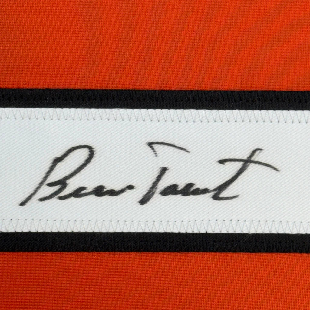 Framed autographed Berenice label on Bernie Parent Philadelphia Orange Hockey Jersey