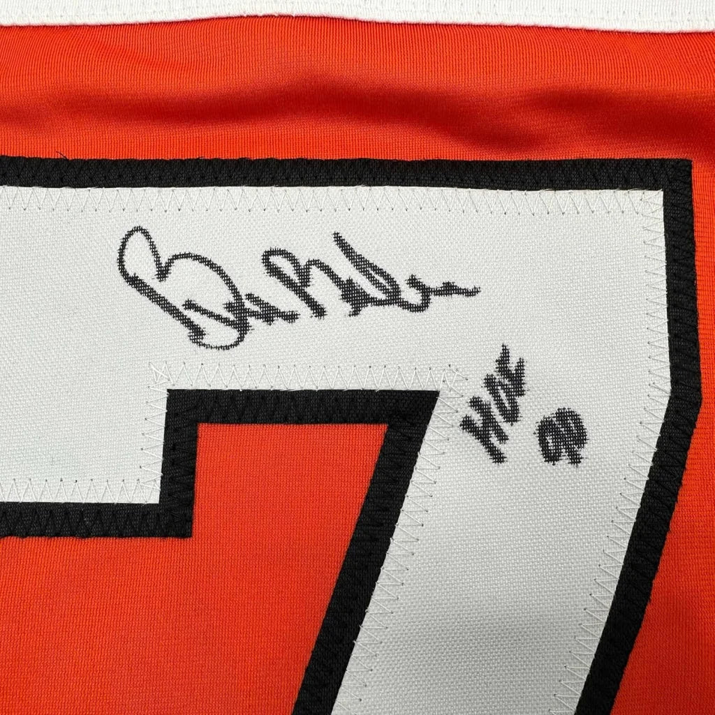 Framed Autographed Bill Barber 35x39 HOF 90 Philadelphia Orange Hockey Jersey Beckett BAS COA | Certified Authentic Signed Memorabilia | vintageantiquesgifts.com