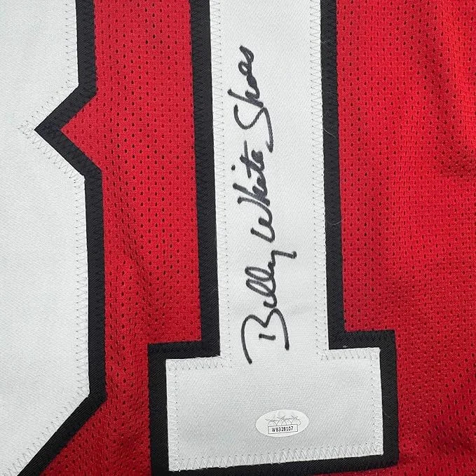 Back of framed autographed Billy White Shoes Johnson Atlanta red football jersey, JSA COA