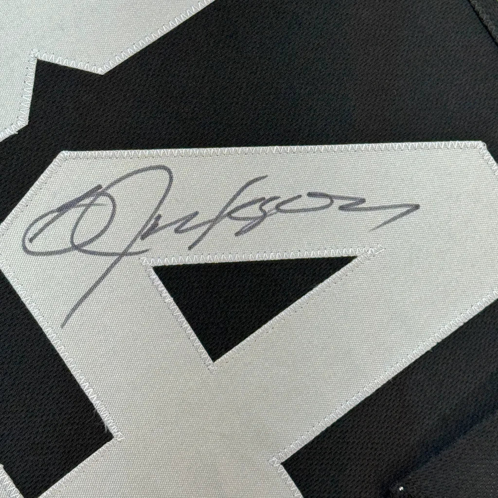 Framed Autographed Bo Jackson 35x39 Oakland Black Football Jersey JSA COA | Certified Authentic Signed Memorabilia | vintageantiquesgifts.com