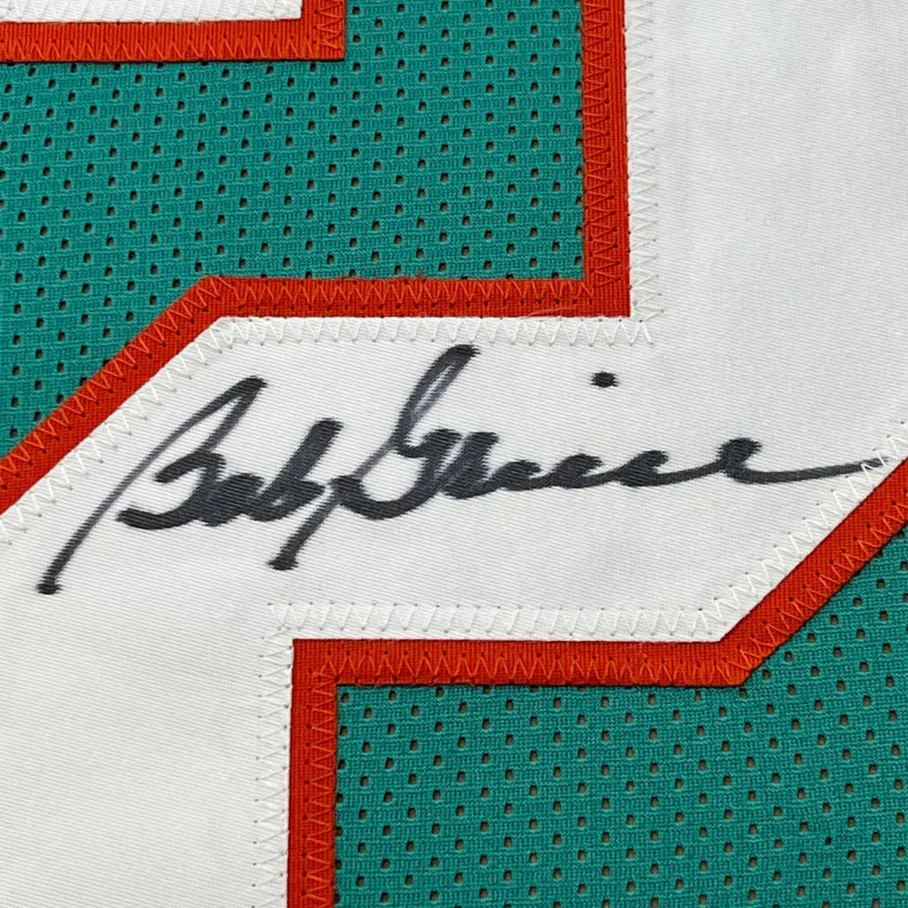 Close-up of Bob Griese signed Miami Dolphins jersey with JSA COA
