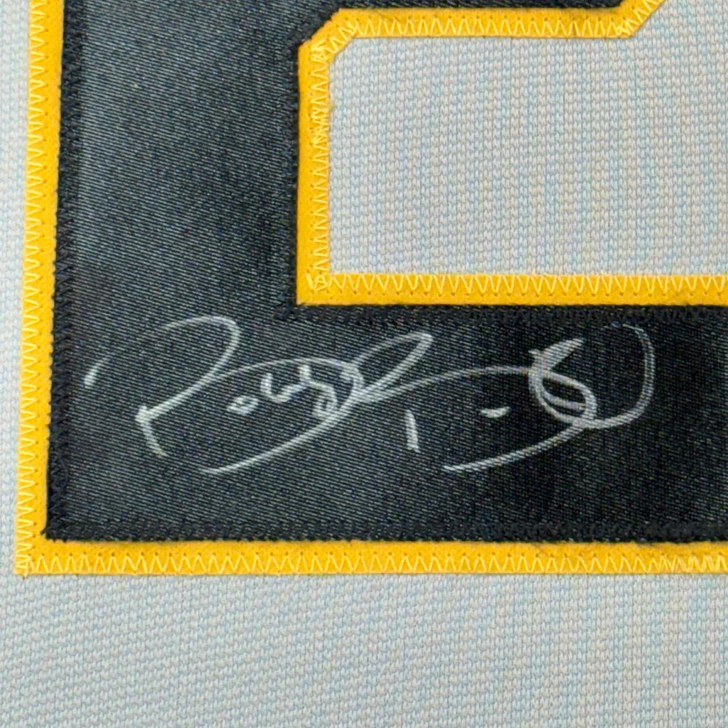 Framed autographed Bobby Bonilla Pittsburgh grey baseball jersey with black and yellow embroidered patch and white signature, JSA COA