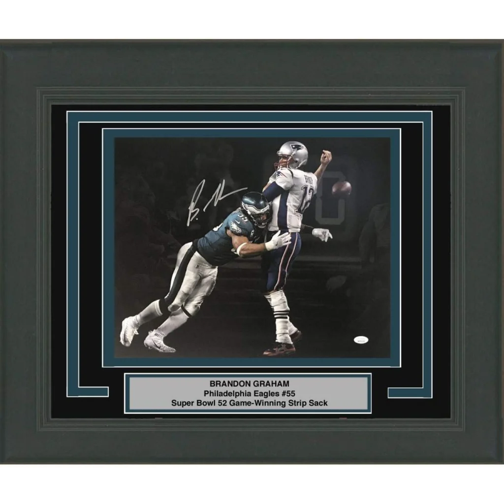 Framed Autographed Brandon Graham Philadelphia Eagles Spotlight Game Winning Strip Sack Fumble vs. Tom Brady Super Bowl LII 52 Champions 16x20 Football Photo JSA COA | Hall of Fame Sports Memorabilia | vintageantiquesgifts.com