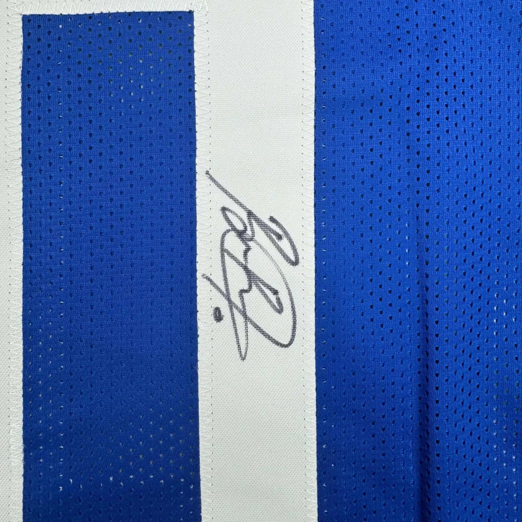 Blue and white striped York Blue Football jersey with autograph for your man cave