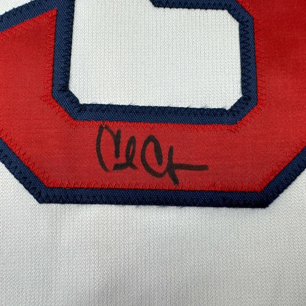 Framed autographed Carl Crawford Boston white baseball jersey with red and navy blue embroidered O