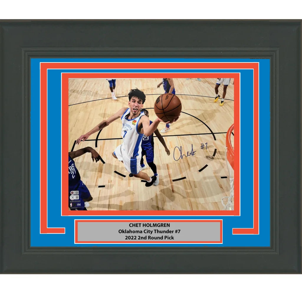 Framed Autographed Chet Holmgren Oklahoma City Thunder 16x20 Basketball Photo Beckett BAS COA #2 | Hall of Fame Sports Memorabilia | vintageantiquesgifts.com