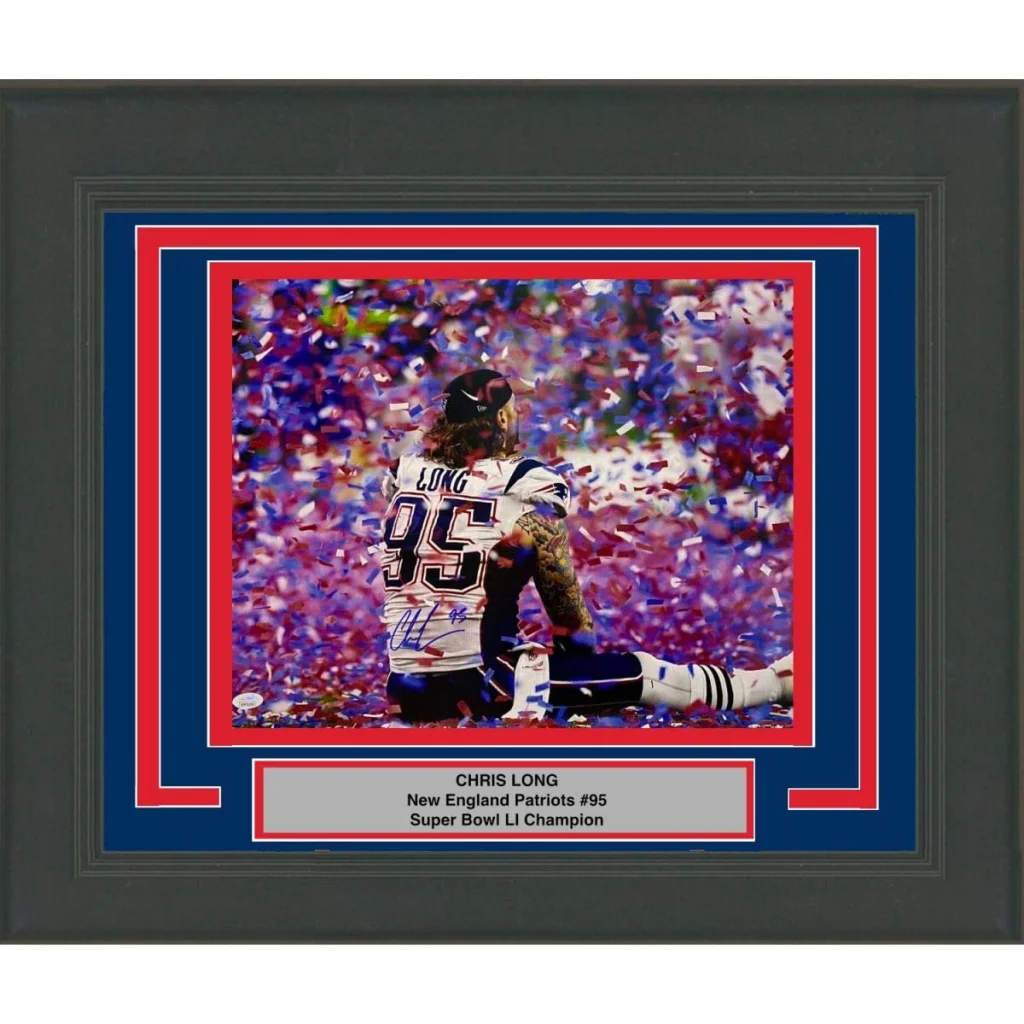 Framed Autographed Chris Long New England Patriots Super Bowl LI 51 Champions 16x20 Football Photo JSA COA | Hall of Fame Sports Memorabilia | vintageantiquesgifts.com