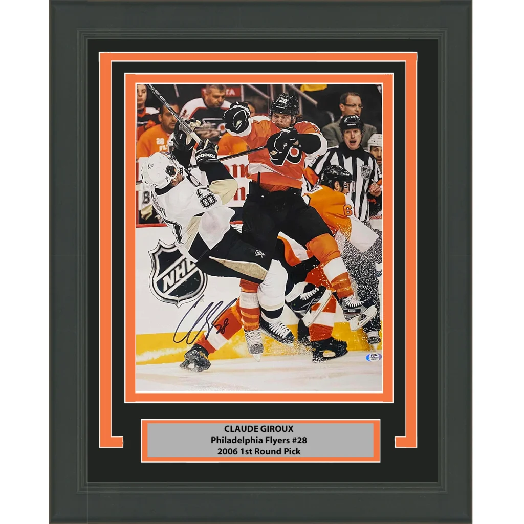 Framed Autographed Claude Giroux Philadelphia Flyers Sidney Crosby Hit 16x20 Hockey Photo PSA/DNA COA | Hall of Fame Sports Memorabilia | vintageantiquesgifts.com