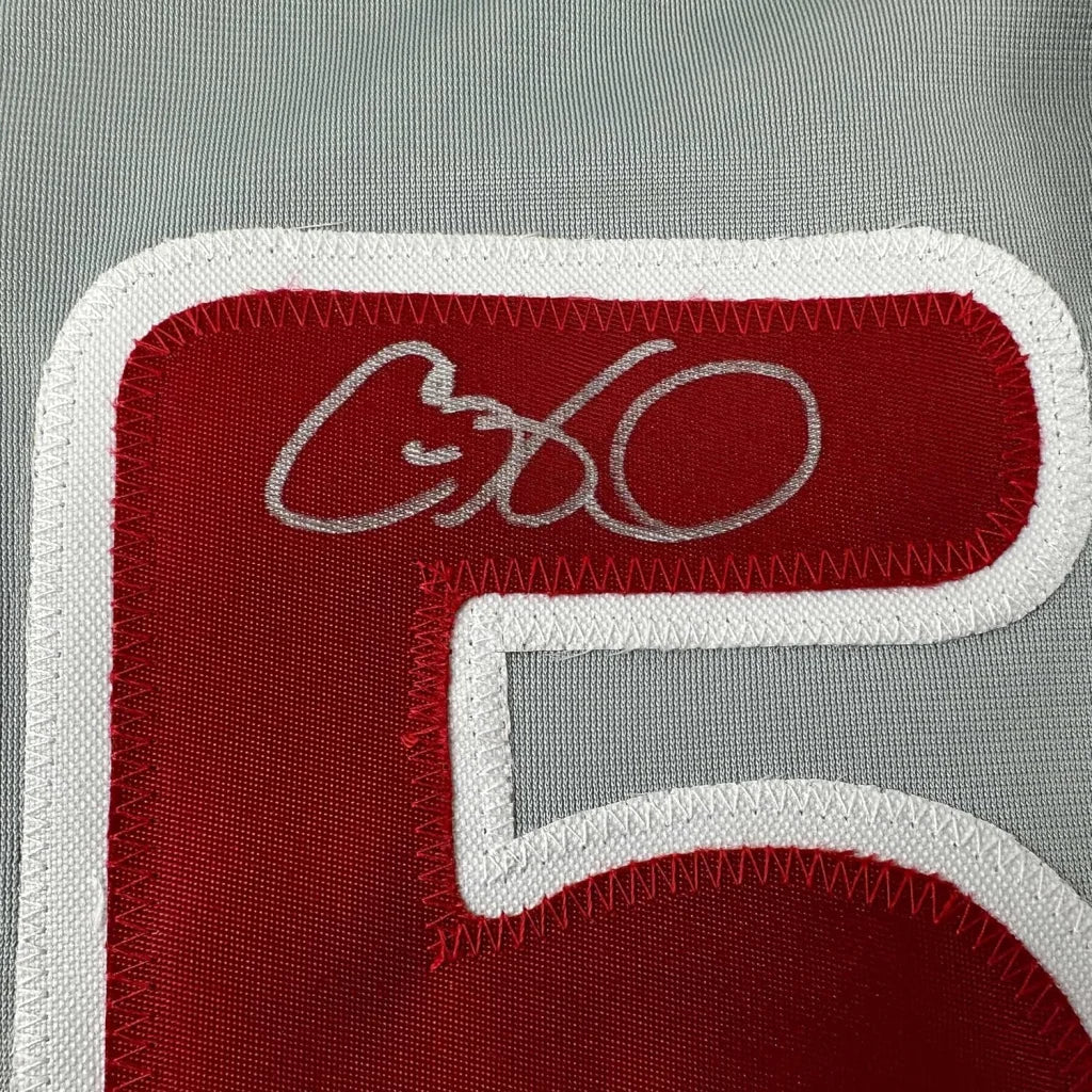 Red and white embroidered 5 patch with c360 on signed Cole Hamels Phillies jersey
