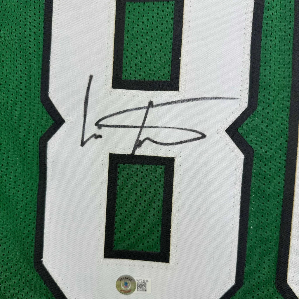Framed Autographed Cris Carter 35x39 Philadelphia Kelly Green Football Jersey Beckett BAS COA | Certified Authentic Signed Memorabilia | vintageantiquesgifts.com