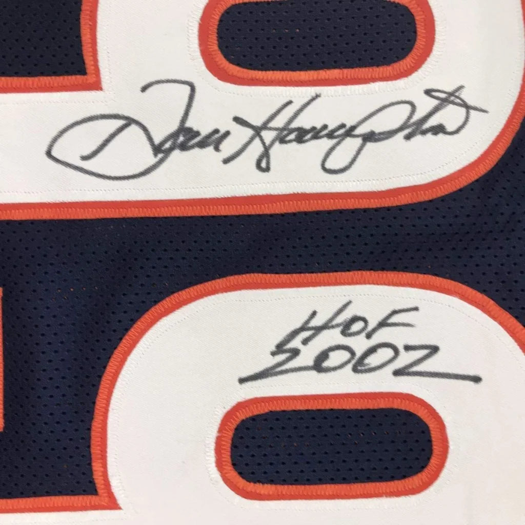 Framed autographed Dan Hampton HOF 2002 Chicago Bears navy blue jersey