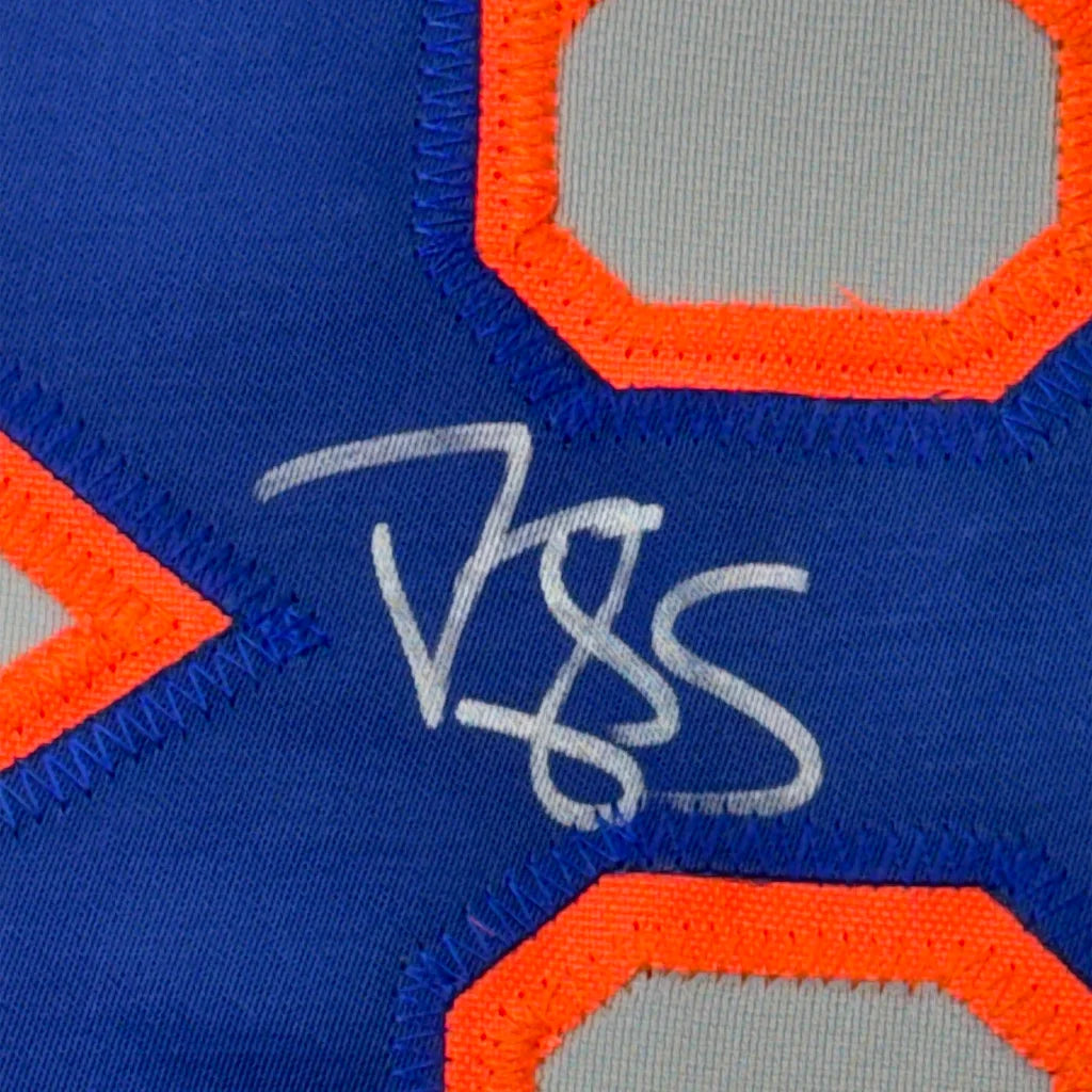 Framed autographed Darryl Strawberry grey jersey with blue orange hex fabric and stitched signature