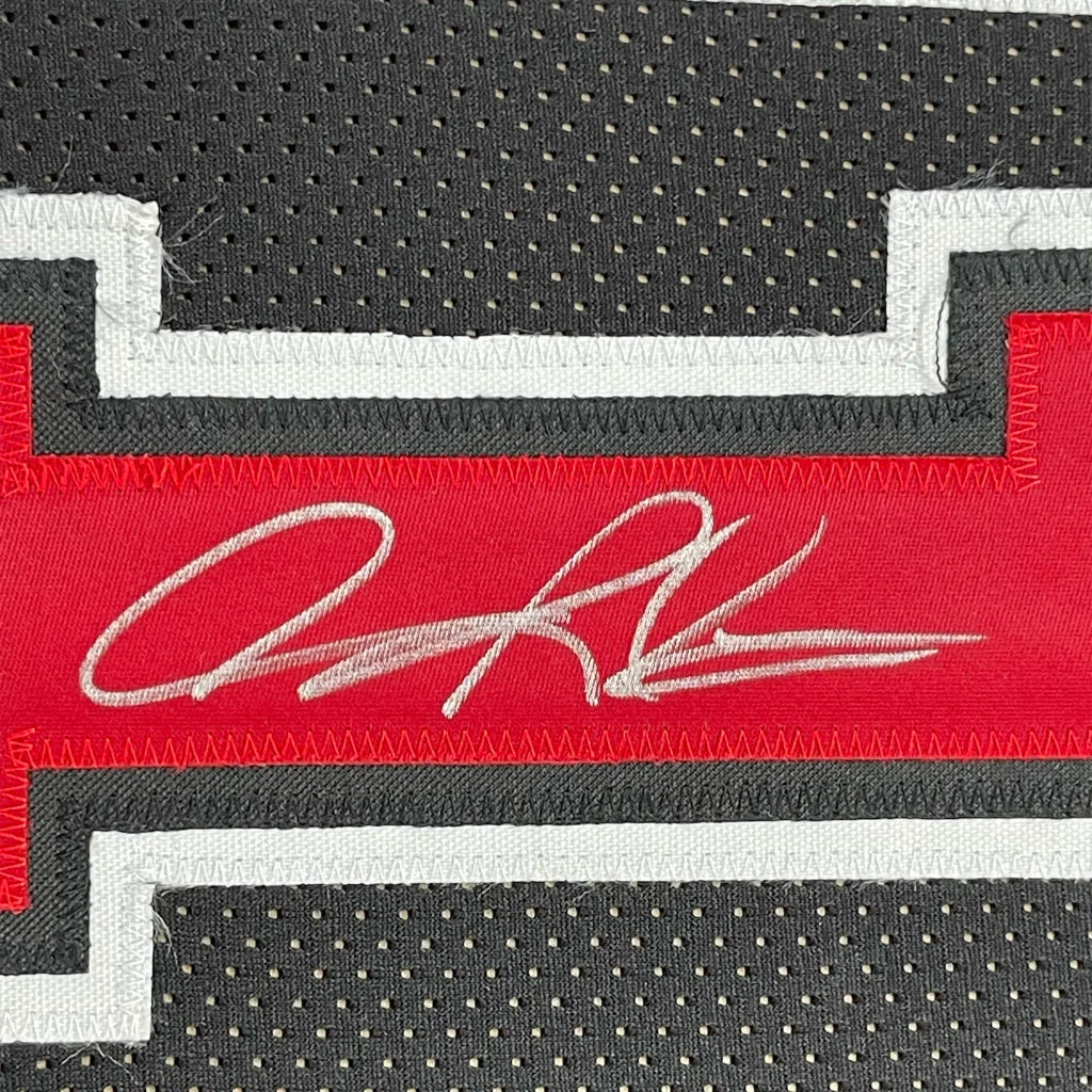 Red stitched signature patch on Dennis Rodman Chicago Bulls jersey mesh
