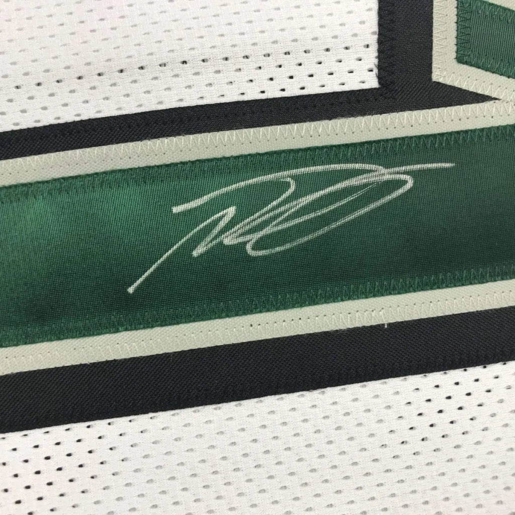 Framed autographed DeSean Jackson Philadelphia Eagles white mesh jersey with green stripe and silver signature