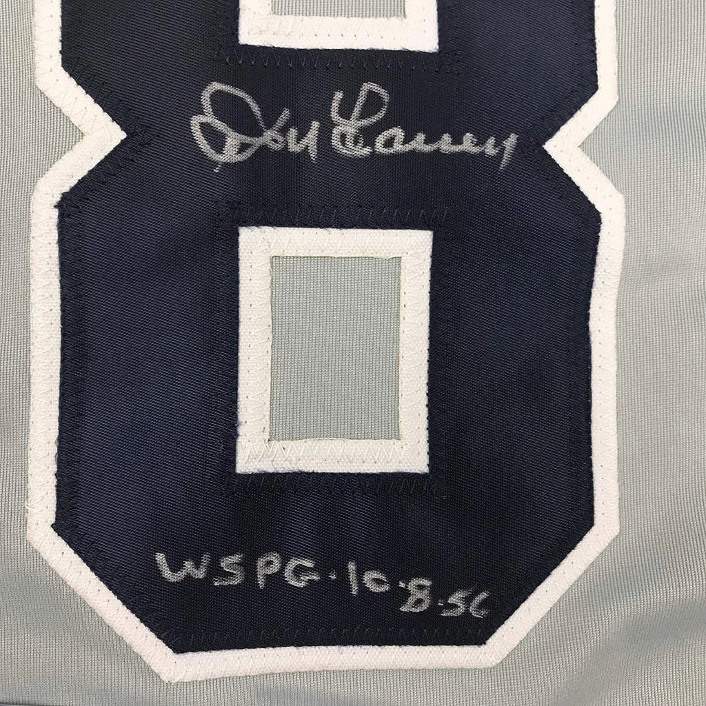 Framed Autographed Don Larsen Inscribed 35x39 New York Grey Baseball Jersey Beckett BAS COA | Certified Authentic Signed Memorabilia | vintageantiquesgifts.com