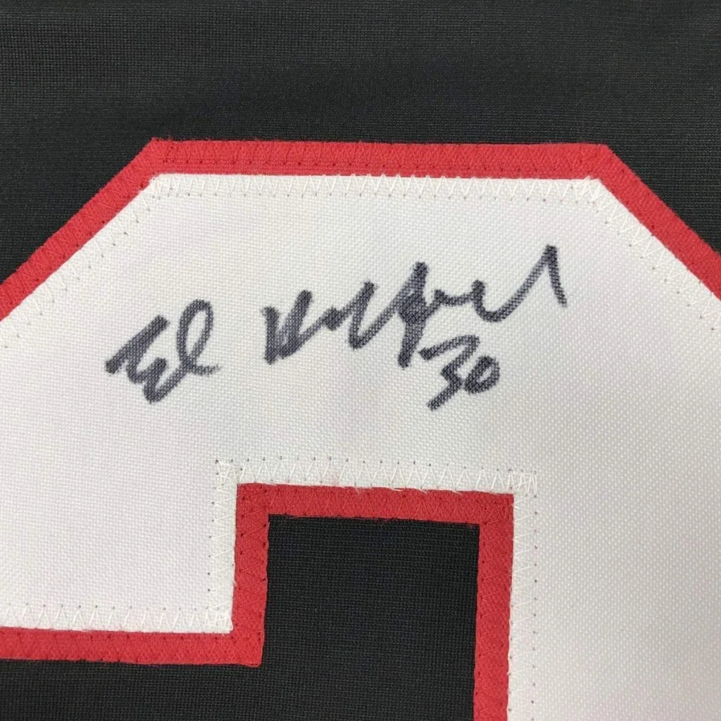 Framed autographed Ed Belfour Chicago Blackhawks jersey with black ink signature on number 30, JSA COA