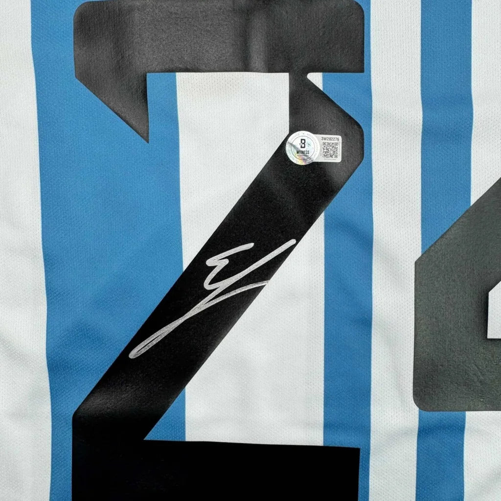Framed Autographed Enzo Fernandez 35x39 Argentina Blue White Soccer World Cup Jersey Beckett BAS COA | Certified Authentic Signed Memorabilia | vintageantiquesgifts.com