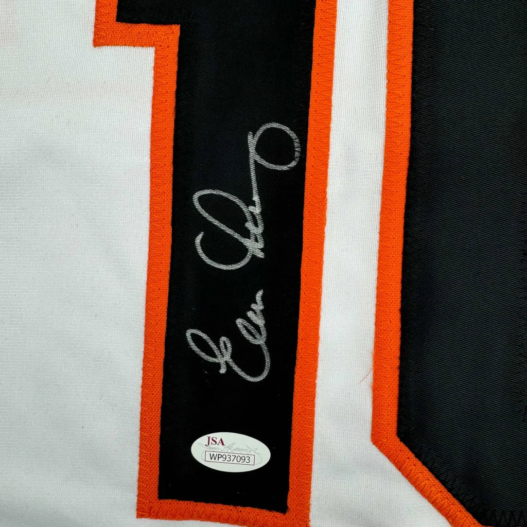 Framed autographed Evan Longoria white baseball jersey with black and orange trim, JSA COA