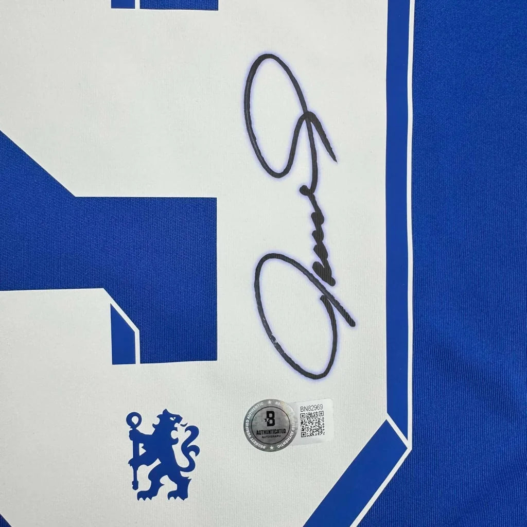 Framed autographed Fernando Torres Chelsea FC blue jersey Beckett BAS COA
