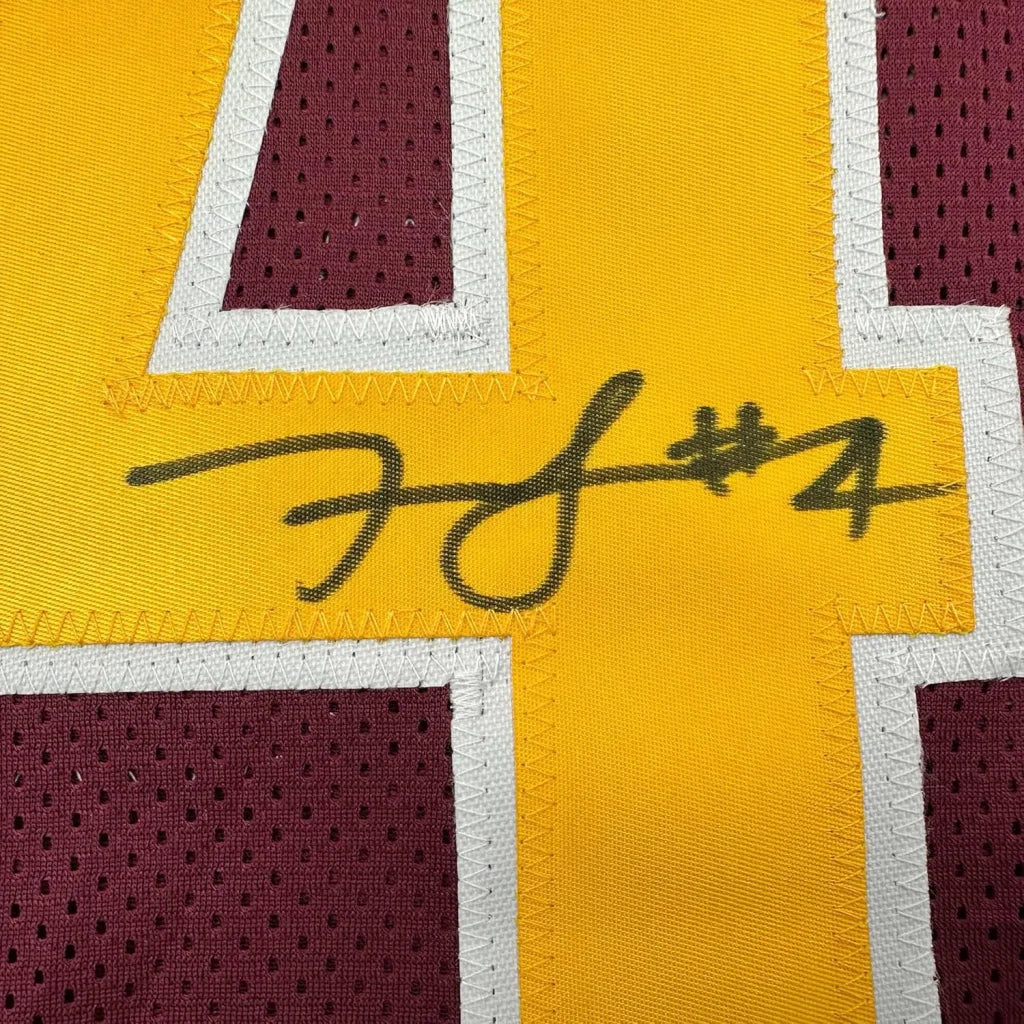 Framed Autographed Frankie Luvu 35x38 Washington Burgundy Football Jersey Beckett BAS COA | Certified Authentic Signed Memorabilia | vintageantiquesgifts.com