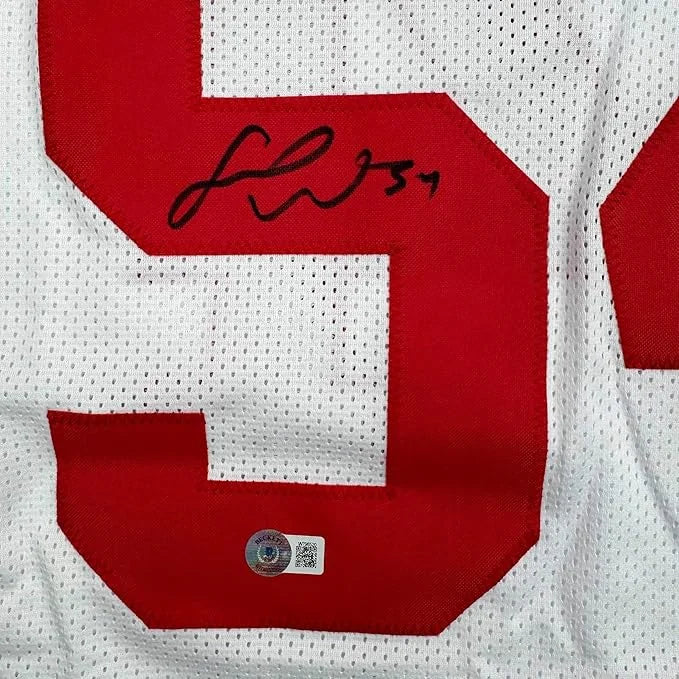 Framed autographed Fred Warner red number 5 white 49ers jersey back with BAS COA