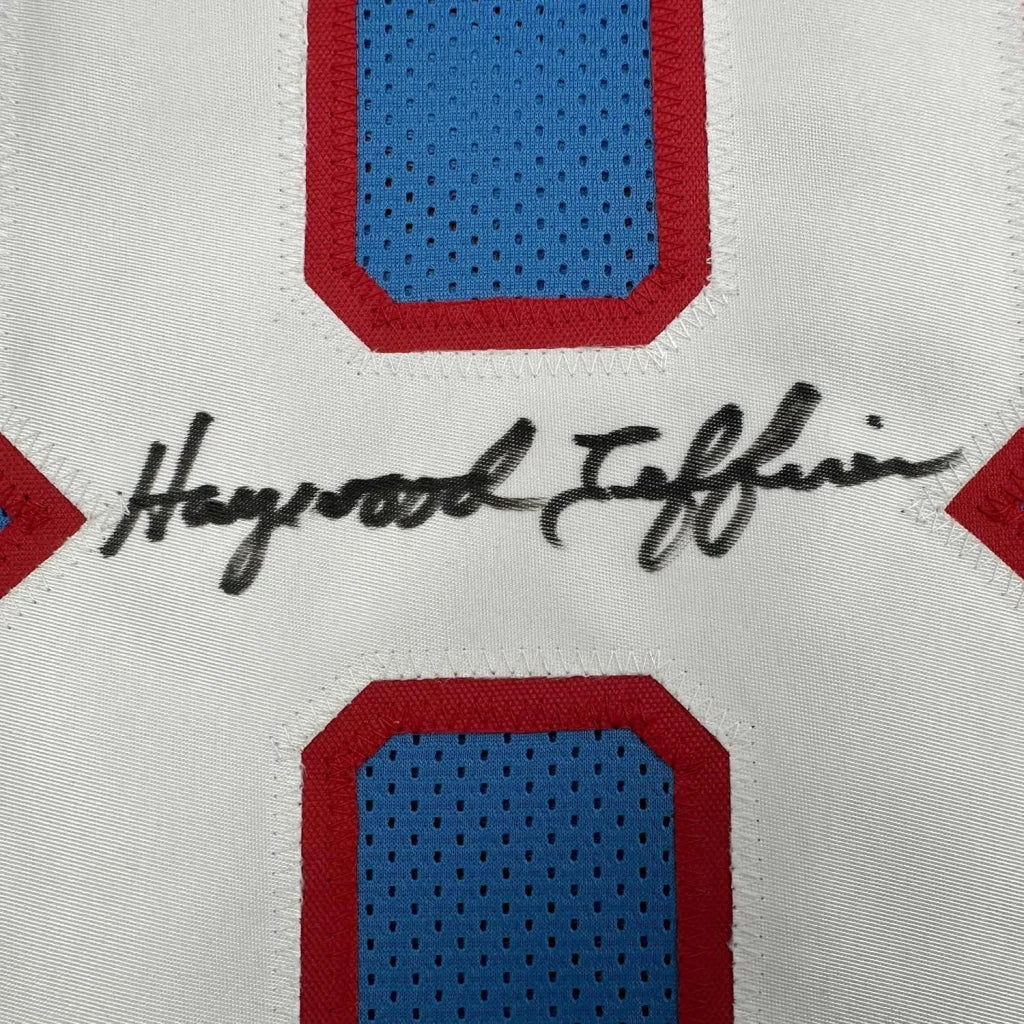 Framed autographed Haywood Jeffires Tennessee retro light blue football jersey with JSA COA