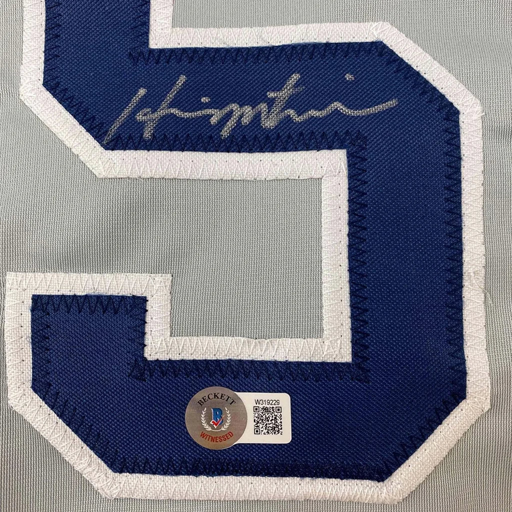 Framed Autographed Hideki Matsui 35x39 New York Grey Baseball Jersey Beckett BAS COA | Certified Authentic Signed Memorabilia | vintageantiquesgifts.com