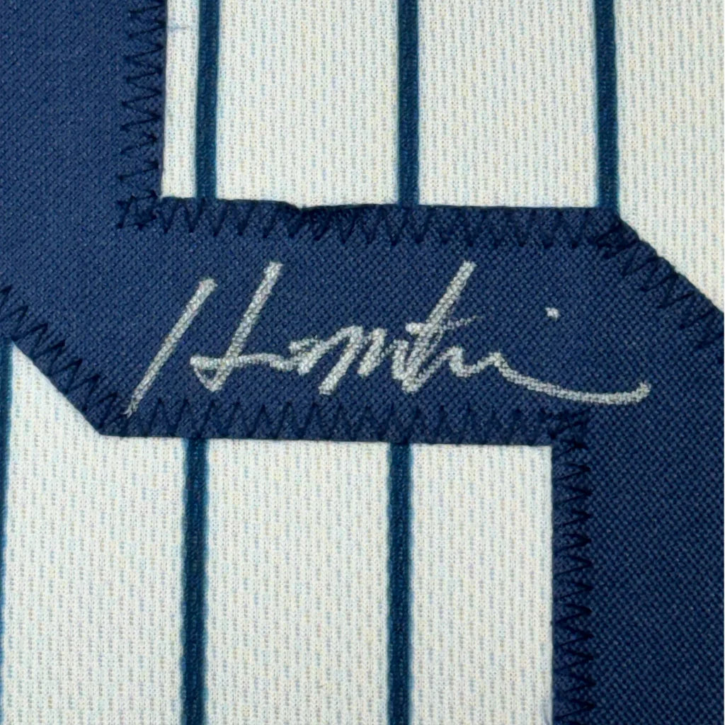 Navy blue and white striped Hermès fabric in framed signed Hideki Matsui pinstripe jersey