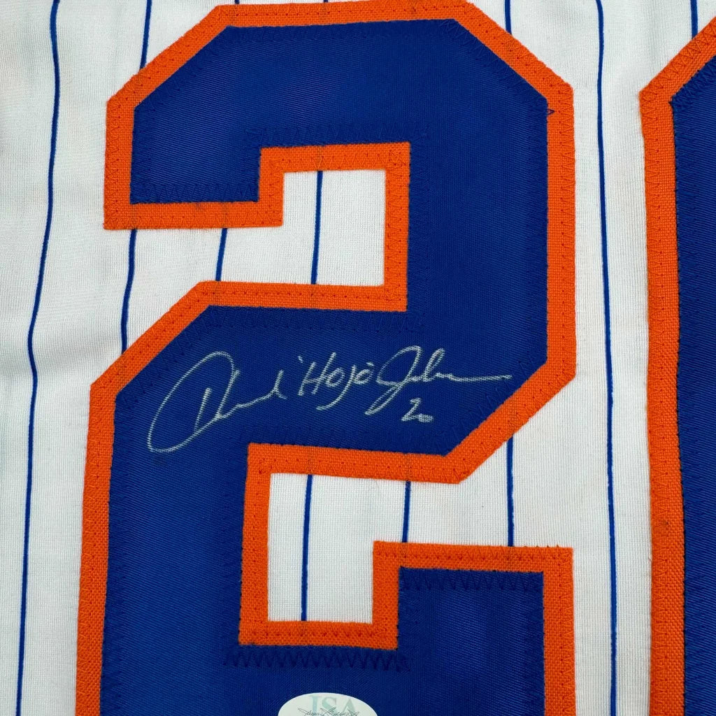 Framed autographed Howard Johnson New York pinstripe jersey with blue-orange 21 embroidery