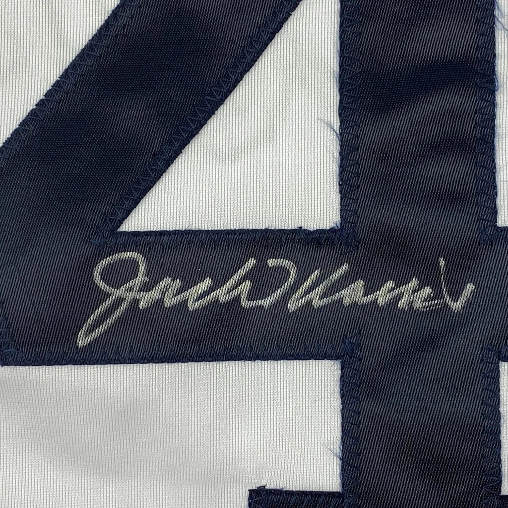 Back of framed Jack Morris signed Detroit jersey with navy blue embroidered number 4