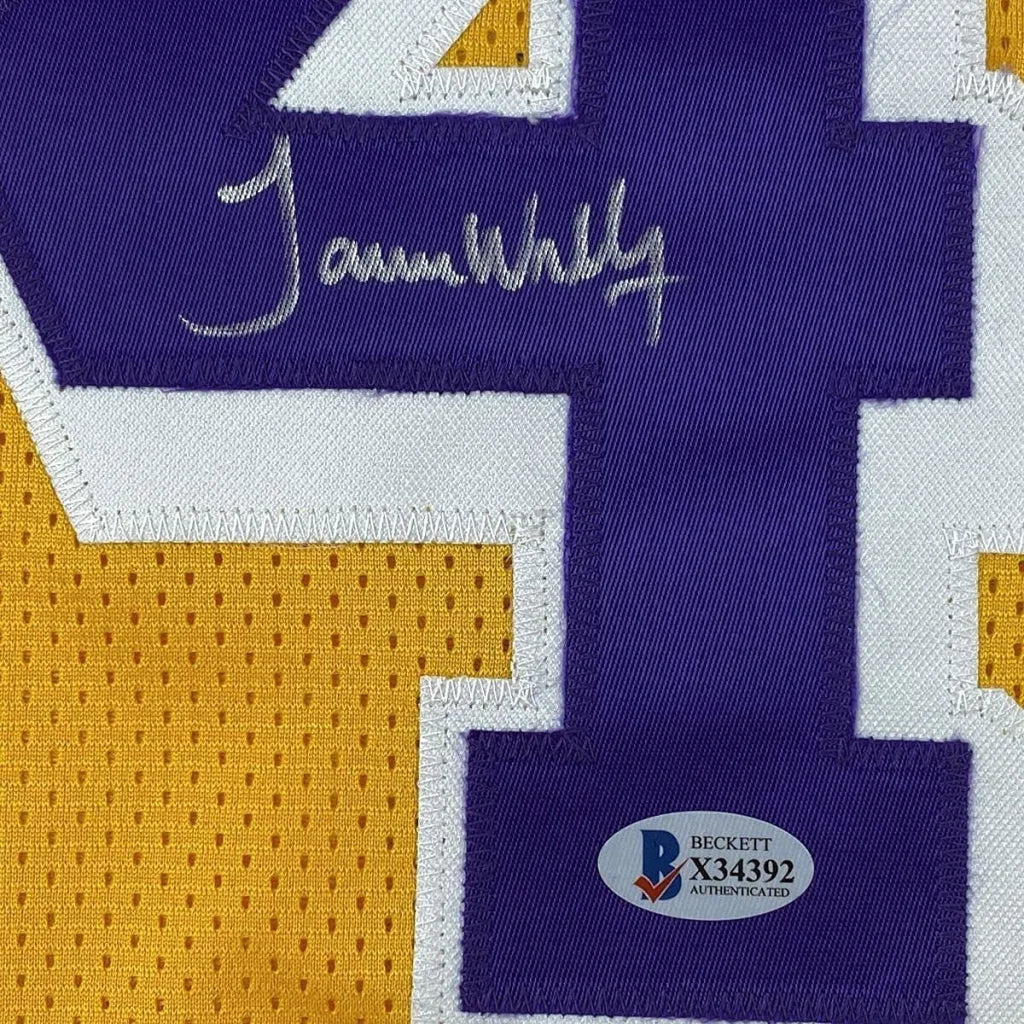 Framed Autographed James Worthy 35x39 Los Angeles LA Yellow Basketball Jersey Beckett BAS COA | Certified Authentic Signed Memorabilia | vintageantiquesgifts.com
