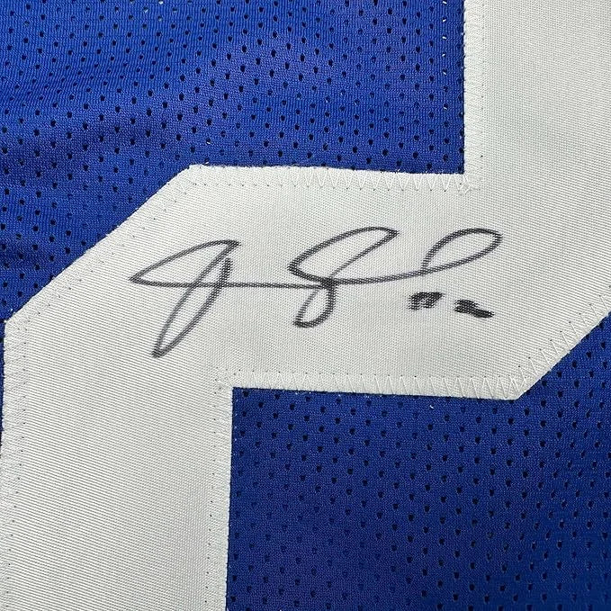 Framed Autographed Janoris Jenkins Jackrabbit 35x39 New York Blue Football Jersey JSA COA | Certified Authentic Signed Memorabilia | vintageantiquesgifts.com