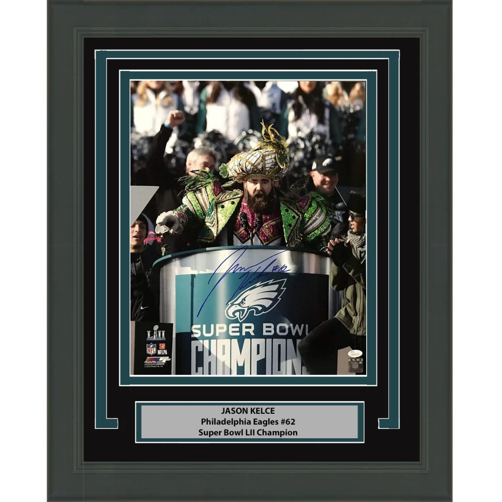 Framed Autographed Jason Kelce Super Bowl Parade Speech Mummers Philadelphia Eagles 16x20 Football Photo PSA/DNA COA | Hall of Fame Sports Memorabilia | vintageantiquesgifts.com