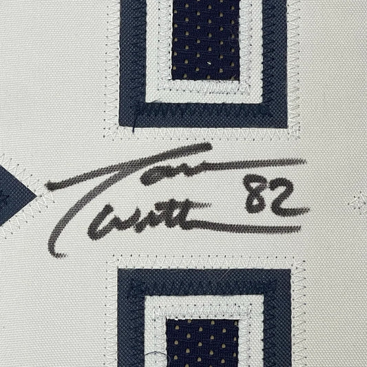Framed autographed Jason Witten Dallas dark blue football jersey with Trent 82 signature